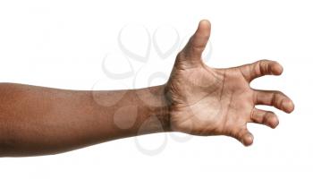 Hand of African-American man holding something on white background�