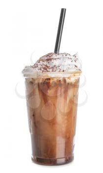 Cup of tasty frappe coffee on white background�