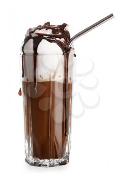 Glass of tasty frappe coffee on white background�