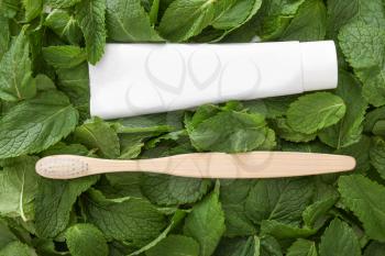 Wooden toothbrush with paste on mint leaves�