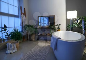 Stylish interior of bathroom with green houseplants�