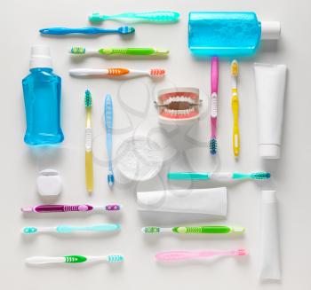 Set for dental hygiene on light background�