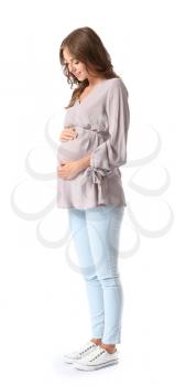 Young pregnant woman on white background�