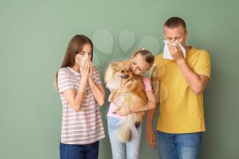 Little girl with dog and parents suffering from pet allergy on color background�