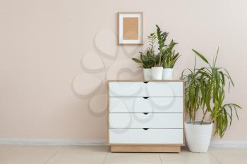 Chest of drawers with green houseplants near light wall�