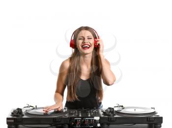 Female dj playing music on white background�