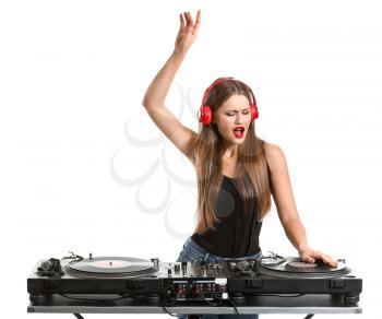 Female dj playing music on white background�