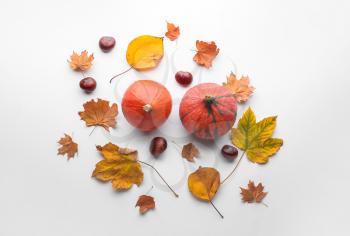 Composition with autumn leaves and pumpkins on white background�