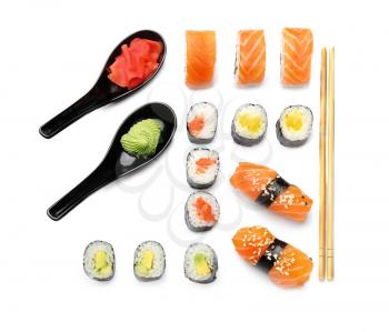Composition with different sushi on white background�