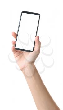 Female hand with modern mobile phone on white background�