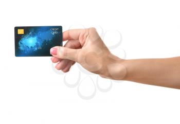 Female hand with credit card on color background�