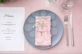 Beautiful table setting for wedding celebration in restaurant�