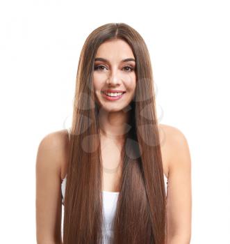 Beautiful woman with healthy long hair on white background�