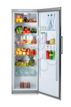 Big modern fridge with fresh products on white background�