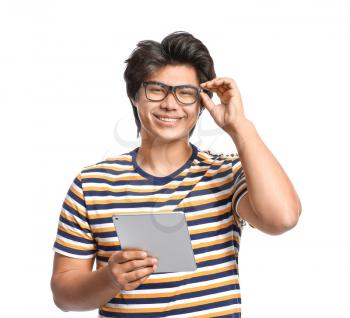 Male Asian programmer with tablet computer on white background�