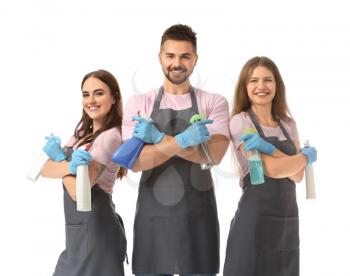 Team of janitors on white background�