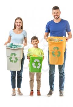 Family with containers for garbage on white background. Concept of recycling�