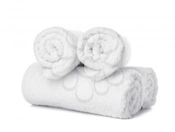 Clean soft towels isolated on white�