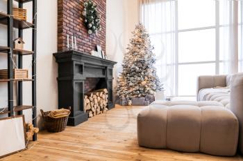 Interior of living room decorated for Christmas celebration�