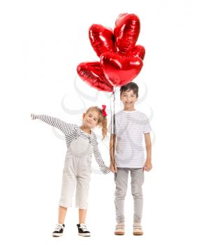 Cute little children with air balloons on white background. Valentines Day celebration�