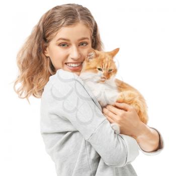 Beautiful young woman with cute cat on white background�