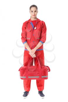 Female paramedic with bag on white background�