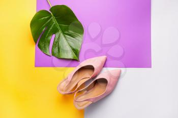 Stylish female shoes and tropical leaf on color background�