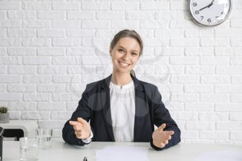 Young woman during job interview in office�