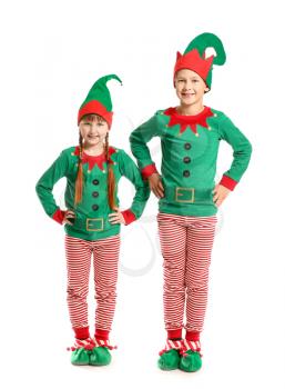 Little children in costume of elf on white background�