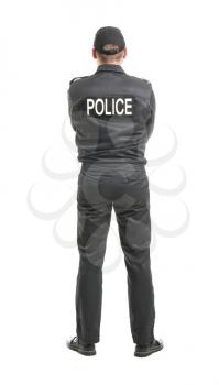 Male police officer on white background, back view�