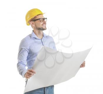 Male engineer with drawing on white background�