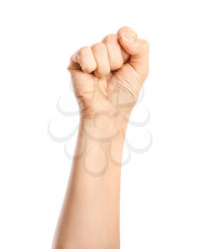 Hand of woman with clenched fist on white background�