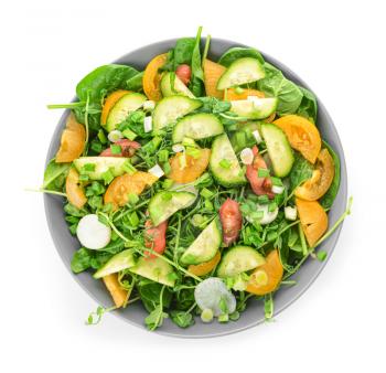 Bowl with tasty salad on white background�