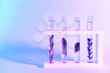 Test tubes with plants on color background�