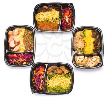 Containers with healthy food on white background�