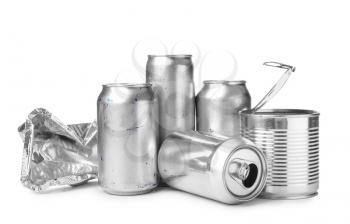 Different metal garbage on white background. Recycling concept�