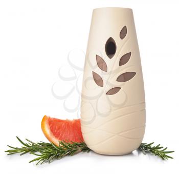 Modern air freshener, grapefruit and rosemary on white background�