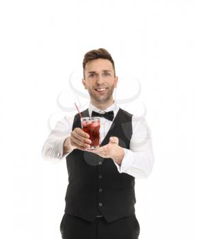 Handsome male bartender on white background�