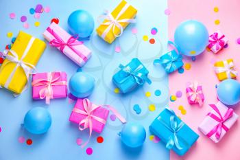 Many Birthday gifts and decor on color background�
