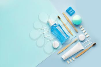 Set for oral hygiene on color background�