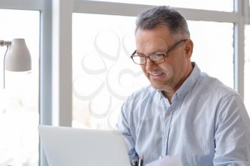 Mature man using laptop at home�