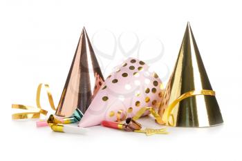 Party hats and decor on white background�