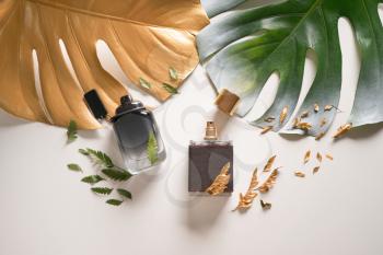 Bottles with perfumes and tropical leaves on light background�