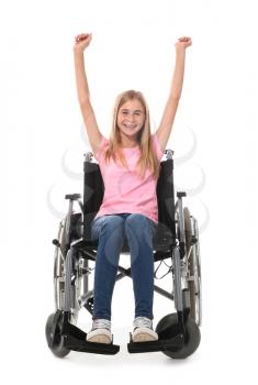 Happy teenage girl in wheelchair on white background�