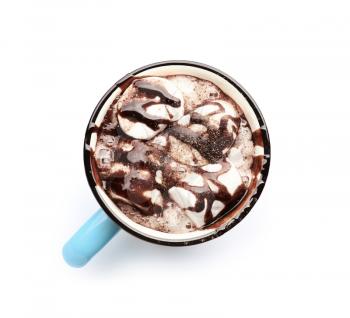 Metal cup of hot chocolate with marshmallows on white background�