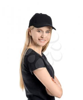 Beautiful young woman in stylish cap on white background�