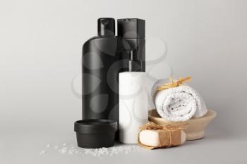 Set of bath accessories on light background�