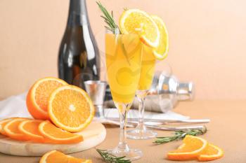 Composition with tasty mimosa cocktails on table�