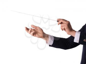 Hands of male conductor on white background�