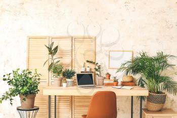 Comfortable workplace with modern laptop and green houseplants�
